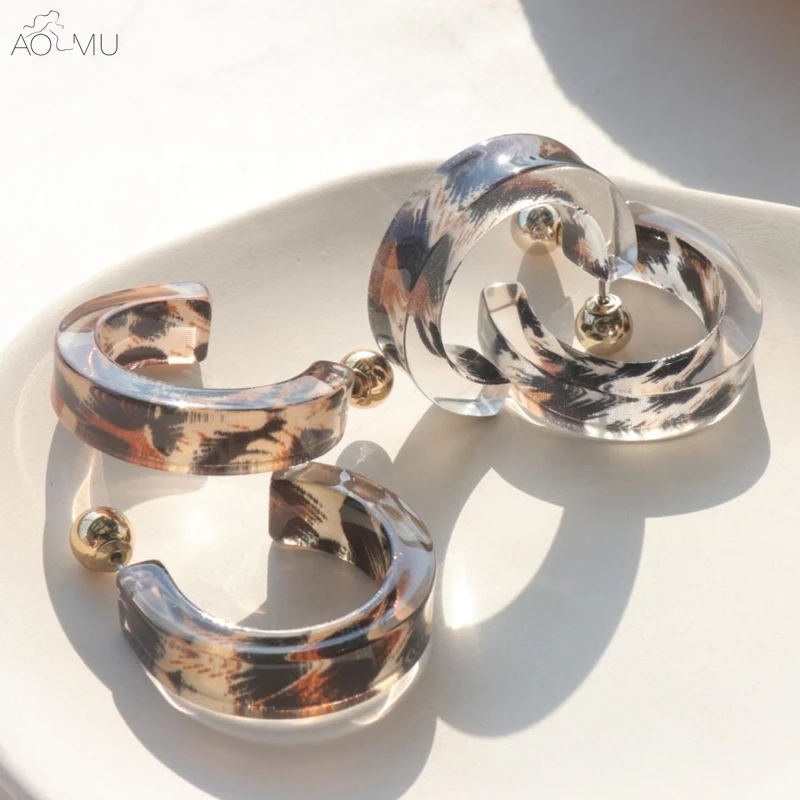 

AOMU Europe and America Leopard Print Acrylic With Metal Gold Ball C Shape Big Hoop Earrings for Women Earrings Girls Jewelry