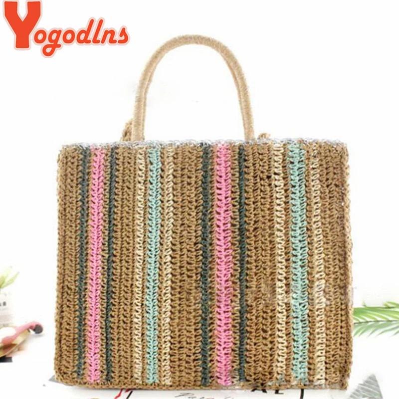 Yogodlns عارضة بوهو المنسوجة شنطة كتف للنساء متعدد الألوان شريطية القش اليد أكياس الإناث عالية الجودة أعلى-حقائب بيد