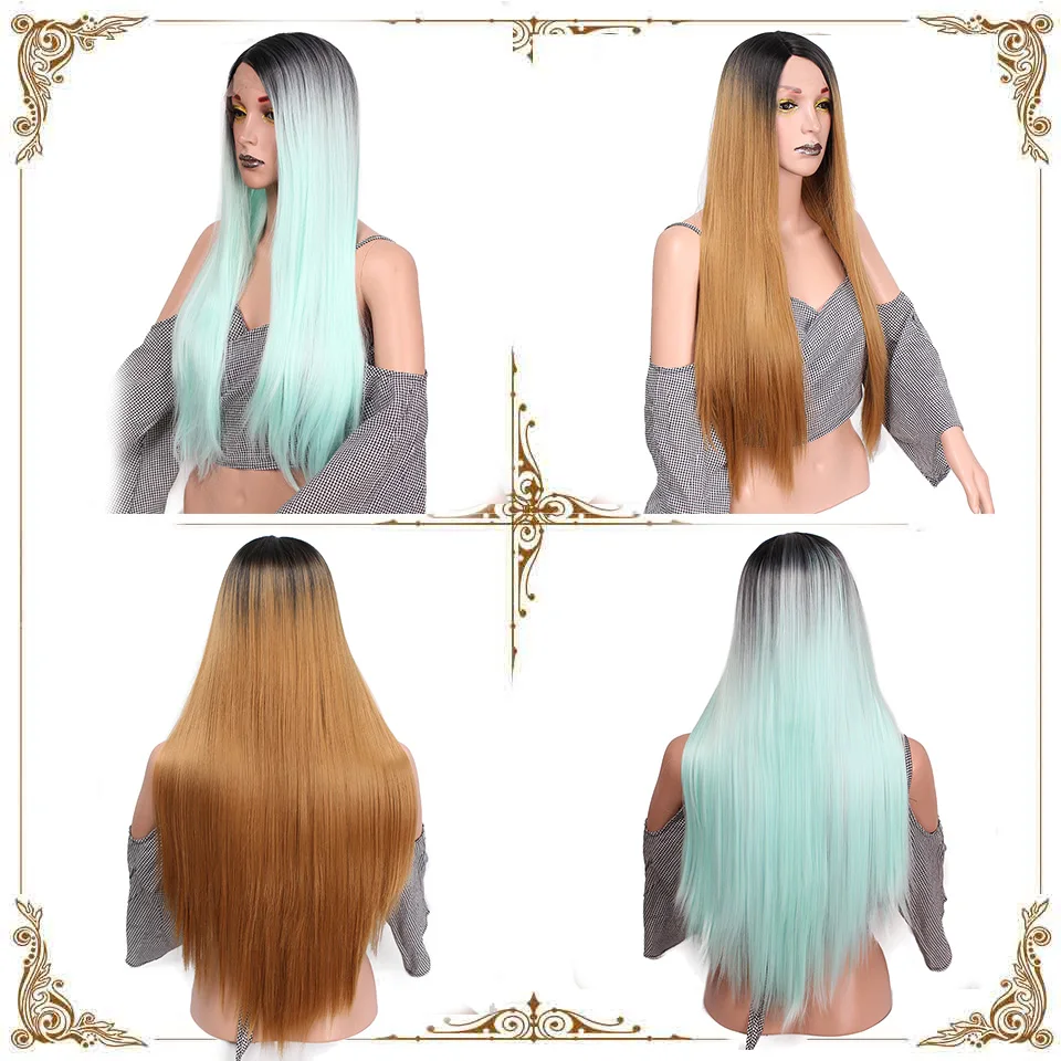 I's a wig Long Synthetic Ombre Pink Straight Front Lace Wig 28 inch Blonde and Green Wig Heat Resistant Hair for Women I's a wig Long Synthetic Ombre Pink Straight Front Lace Wig 28 inch Blonde and Green Wig Heat Resistant Hair for Women