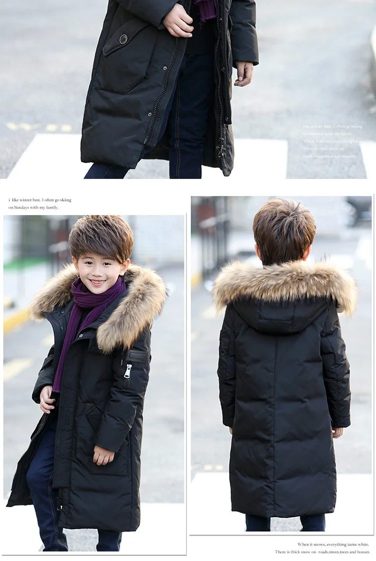 Модные новые стильные зимние куртки зимние пальто с меховым капюшоном для мальчиков-подростков детские пуховики на утином пуху пуховая куртка