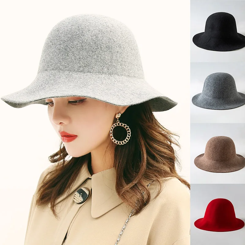 Winter Vintage Fedora Hat Women Thick Cashmere Hats polyester Felt Crushable Wide Brim Floppy Cap Retro Wool Top Hats