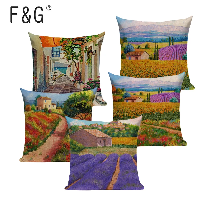cheap Scenic Retro Vintage Oil Painting Garden Lavender Flower Home Decorative Cotton Linen Pillow Case Cushion Cover for Sofa Seat