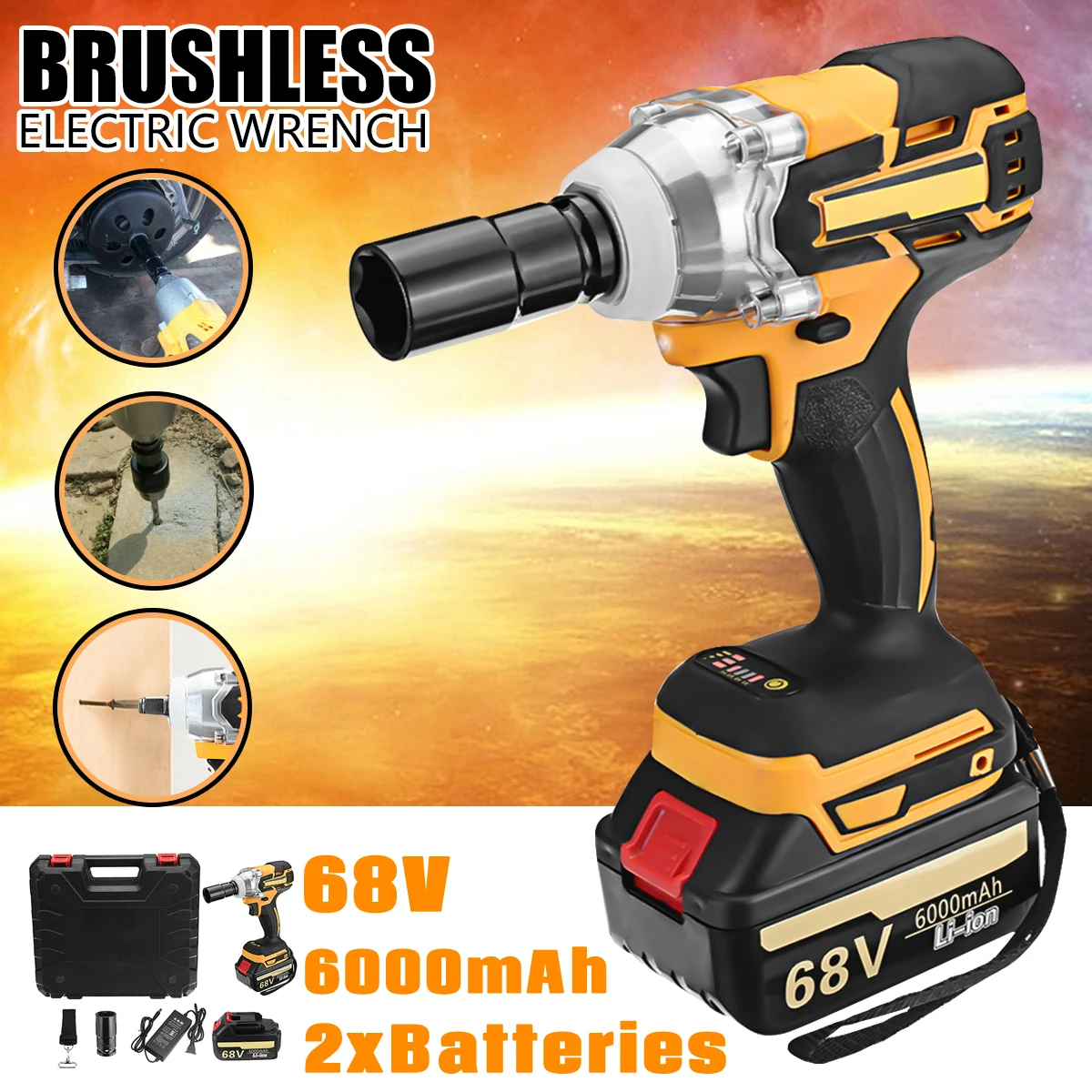 

Doersupp 1Pcs 68V 6000mAh Electric Wrench 2 Batteries 1 Charger Brushless Cordless Drive 380 N.M Electric Wrench Power Tools