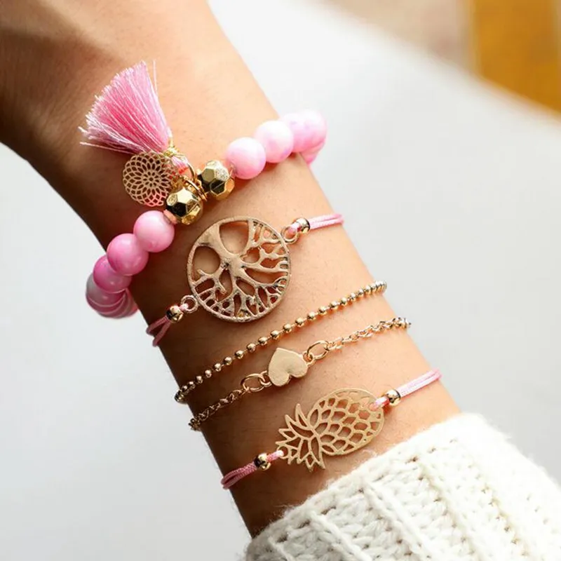 

5PCS/Set Tassel Pineapple Bracelet Adjustable Bohemian Geometric Classic Gold Color Multi-Layer Rope Chain Bracelet Jewelry New