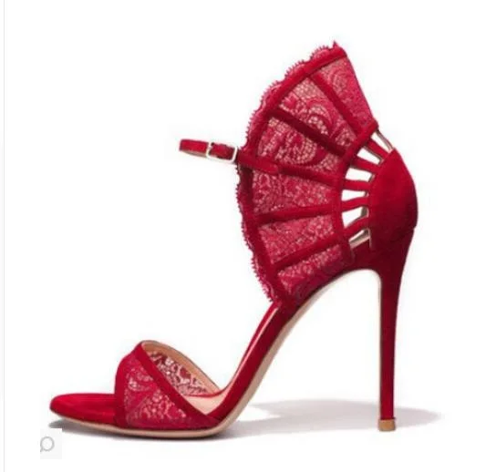 2018 Summer Cut-Out Mesh Fan Shaped Lace Flowers Stiletto Heel Sandals European Style Women Sandals Red Black Wedding Pumps B118 Women's Shoes
