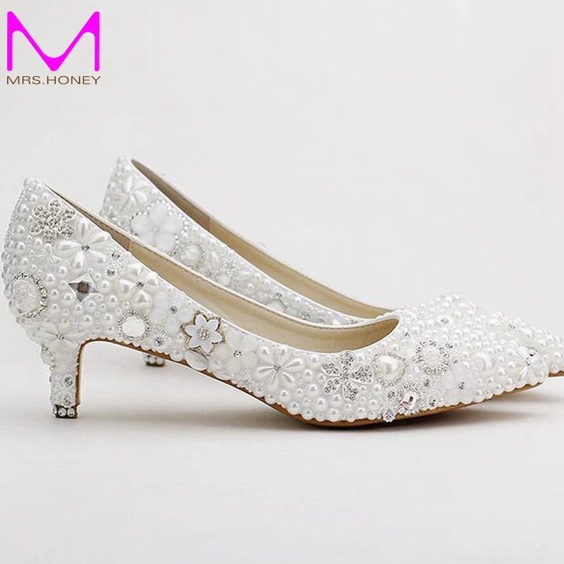 Pointed Toe White Pearl Bridal Shoes Middle Heel Wedding Dress Shoes Banquet Party Pumps Rhinestone Handmade Fashion Shoes