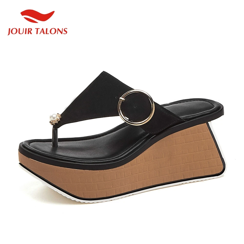 

Brand Summer Slippers 2019 women's Genuine Leather Ladies Wedges High Heels Shoes Woman Casual Soft Slippers