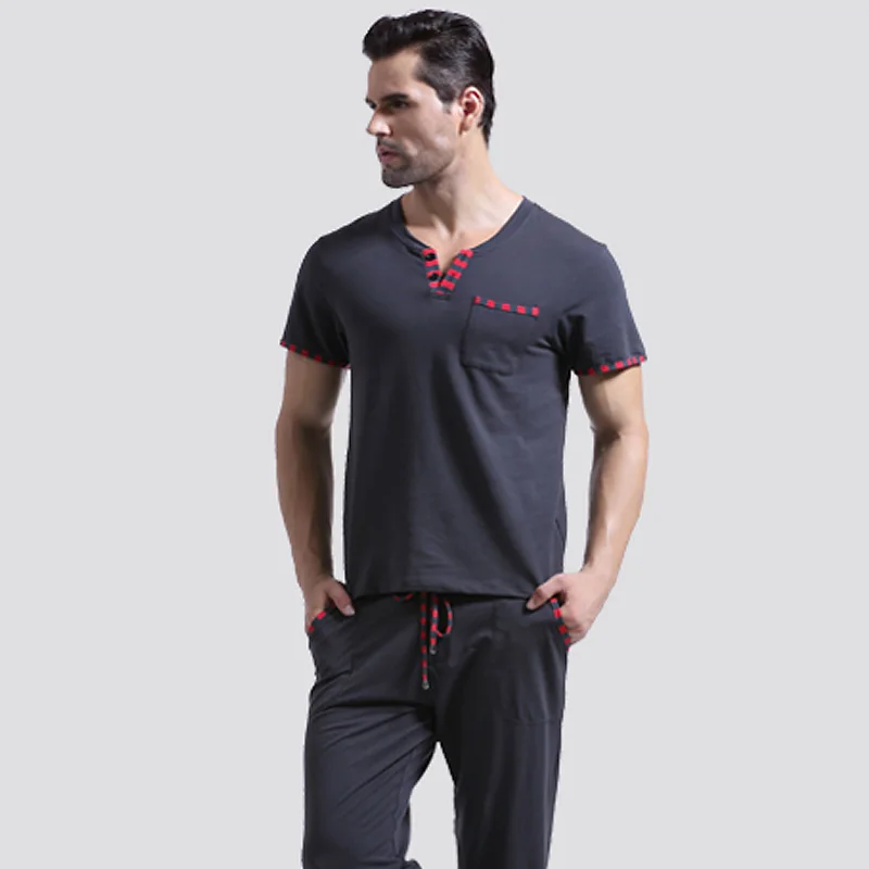 

Men's Home Pajama Sets Long Pants Johns Winter Male Sleepwear Tops& Bottoms Cotton Thin Pajamas Set T-shirts 6 Colors