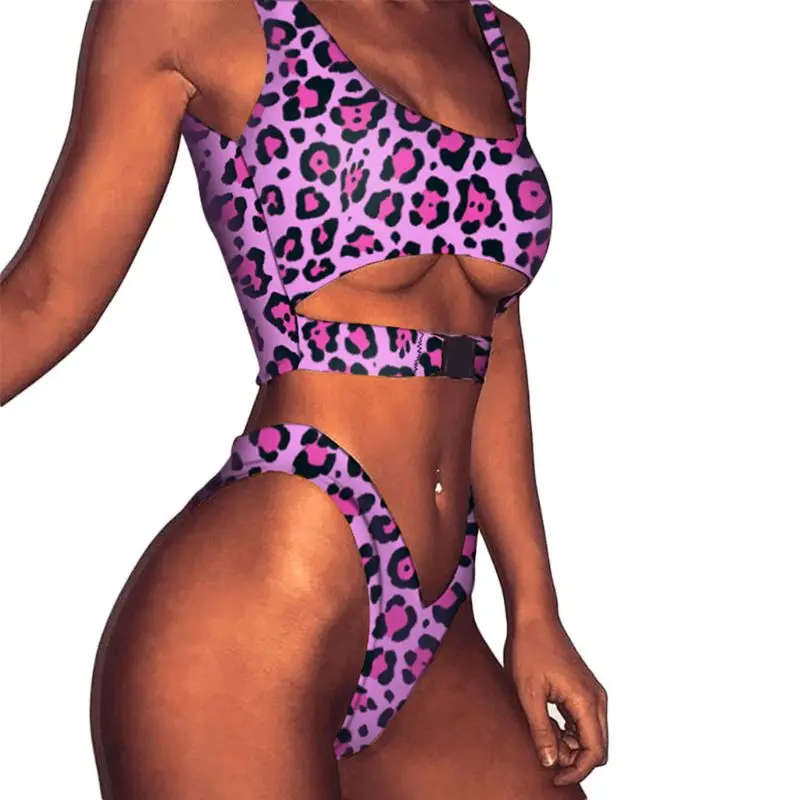 

Women Bikini Set Leopard Snakeskin Printed Swimsuit Hollow Out Bra Quick Release Buckle Low Waist V Thong Beachwear