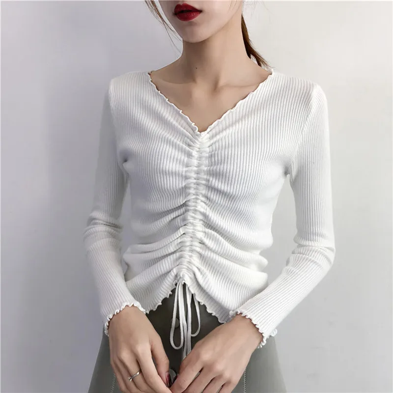 V Neck Sweater Women 2020 Autumn Winter Vintage Korean Fashion Drawstring Ruched Knitwear Long Sleeve Covering Yarn Pullovers | Женская