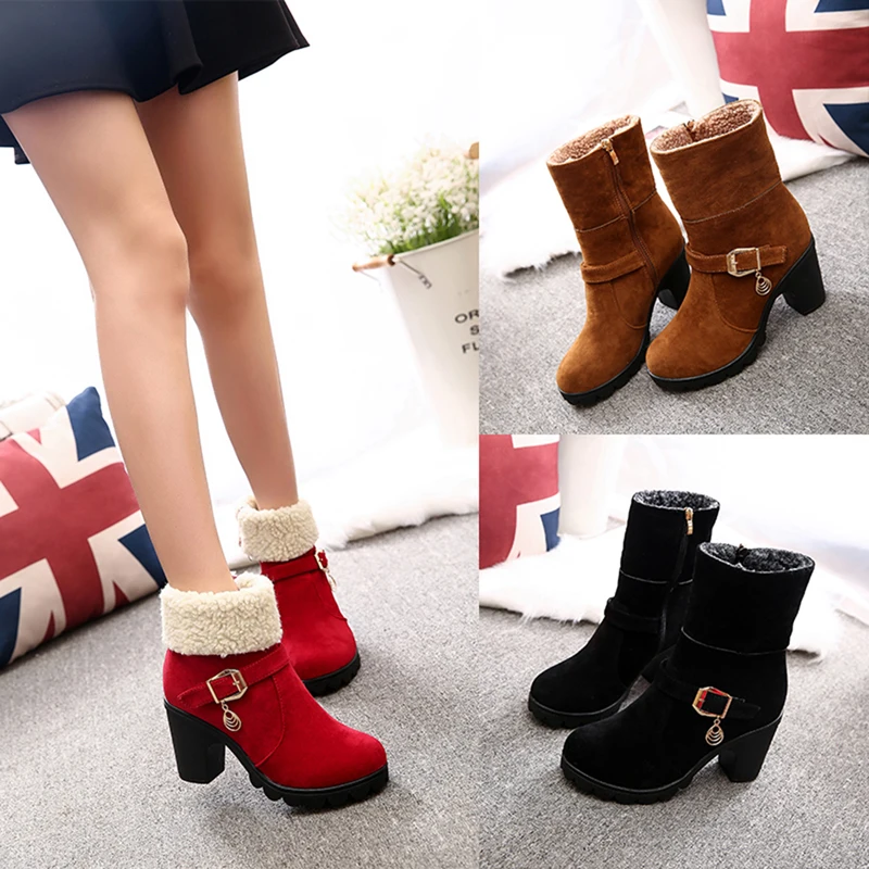 

Autumn Winter Women's Shoes Ankle Boots Plush Ladies Women's Boots Super High Square Heel High Quality Rubber Boots