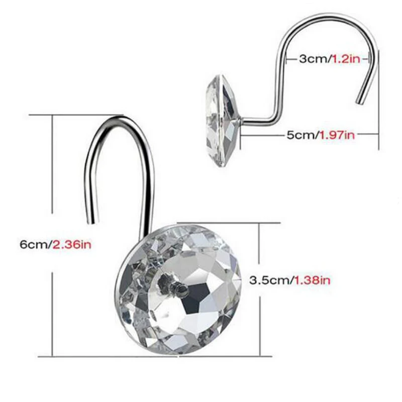 В стоке 12 шт. Хрустальные акриловые декоративные роликовые крючки для занавесок для душа, украшения ванной комнаты, стразы, водостойкие кольца для душа