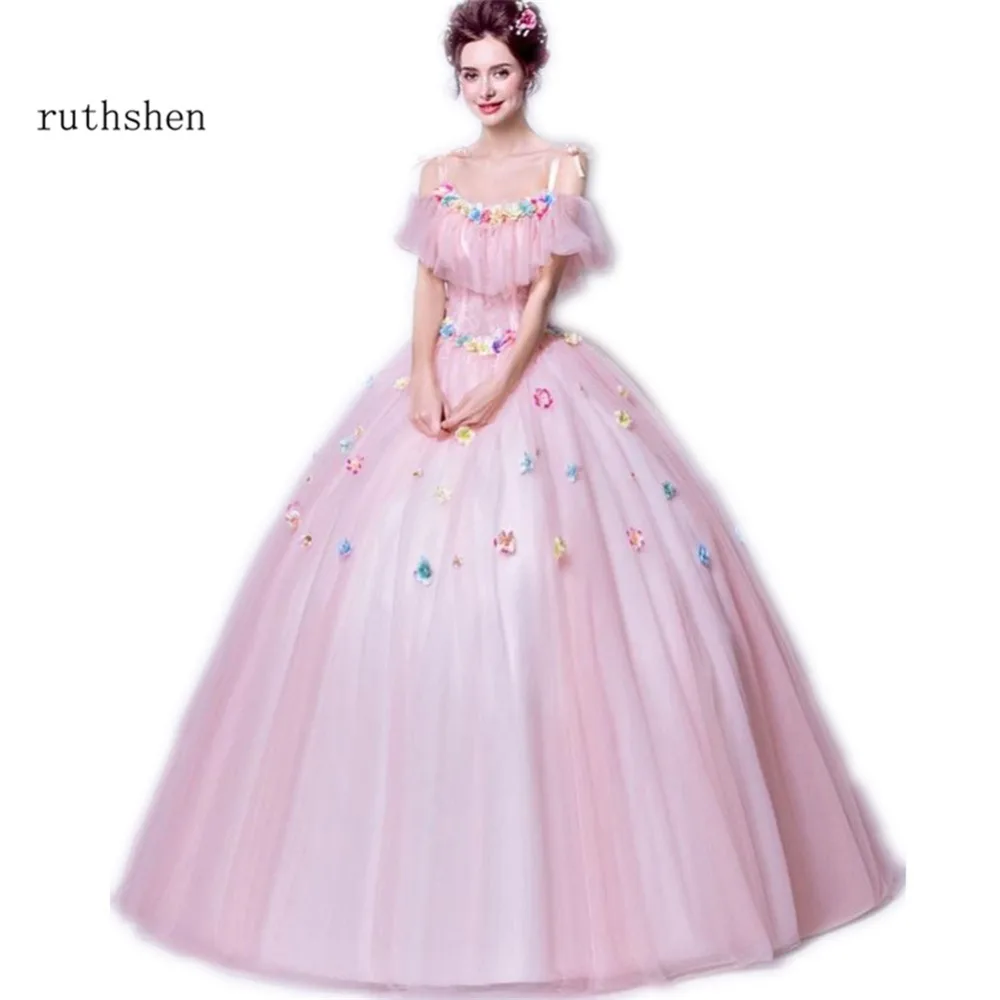 

ruthshen Pink Sweet 16 Quinceanera Dresses Cheap Off Shoulder Flowers Beaded Tulle Debutante 15 Teens Party Prom Dress