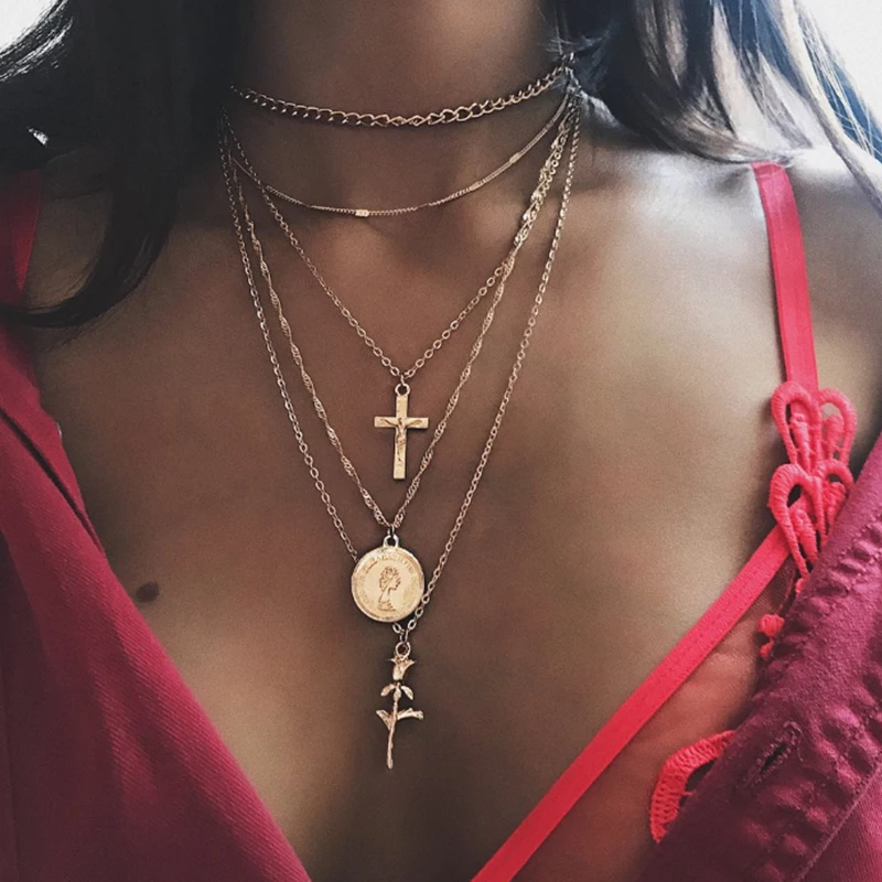 

Fashion Multiple Layers Gold Color Chain Cross Sequined Rose Pendant Necklace For Women Charm Choker Collares Necklace Jewelry