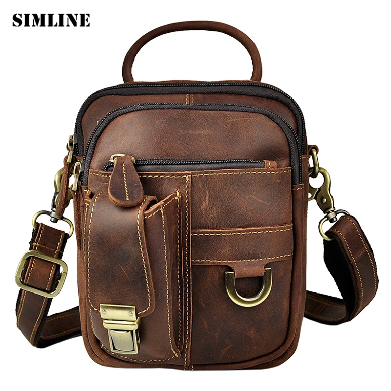

SIMLINE Vintage Casual Genuine Crazy Horse leather Cowhide Men Outdoor Waist Pack Shoulder Messenger Bag Bags Handbag For Men