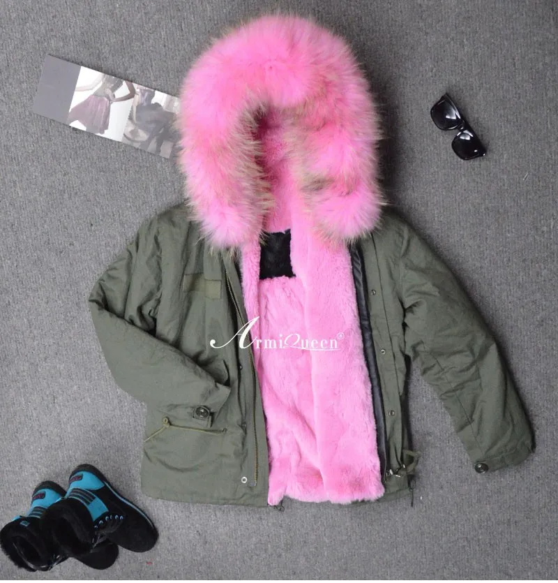 Discount 2015 Real Raccoon fur parke jacket mens womens pink faux fur lined coat  fashion show outwear c0153 20
