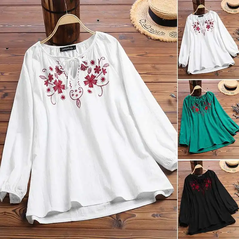  2019 ZANZEA Vintage Embroidery Shirt Autumn Blouse Women V Neck Long Sleeve Cotton Linen Tops Plus 