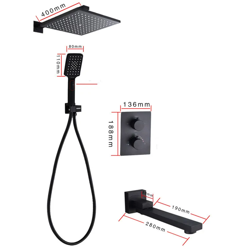 Латунные Термостатические смесители, черный душевой набор, 8 дюймов, ванная комната, дождевой Душ, переключающий кран, набор с пластиковой ручной душевой насадкой