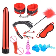 SM sex toys handcuffs nipple clamps gag leather Plush Suit Vibrator Handcuffs Dildo Stick Clamps Couple SM Kit Sex Toys Set H4