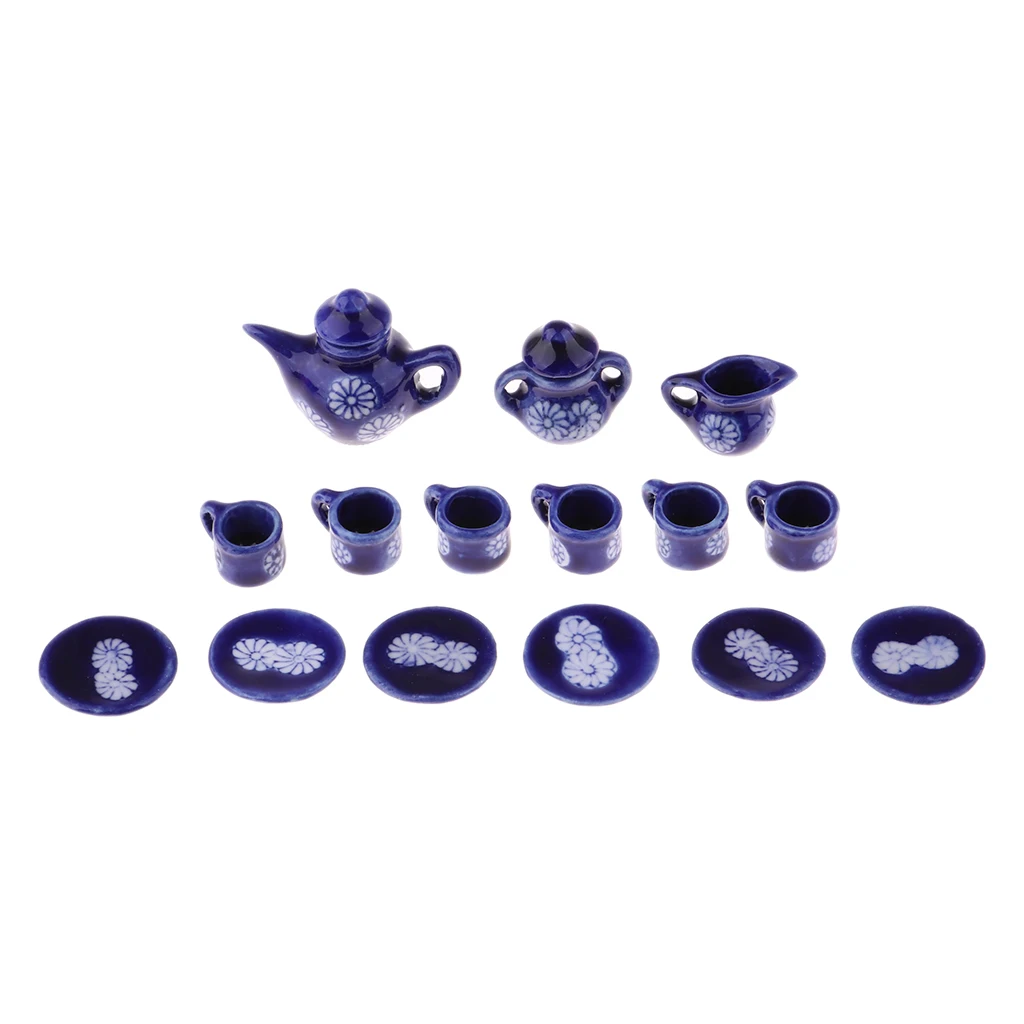 15 Pcs Doll House  Coffe Tea Set Miniature Dining Ware Porcelain Tea Set Dish Cup Plate Dolls Tableware Accesssories