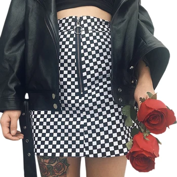

New Casual Summer Women Japanese Style Zipper Ring A-line High Waist Mini Skirts Female Black White Checkerboard Plaid Skirts