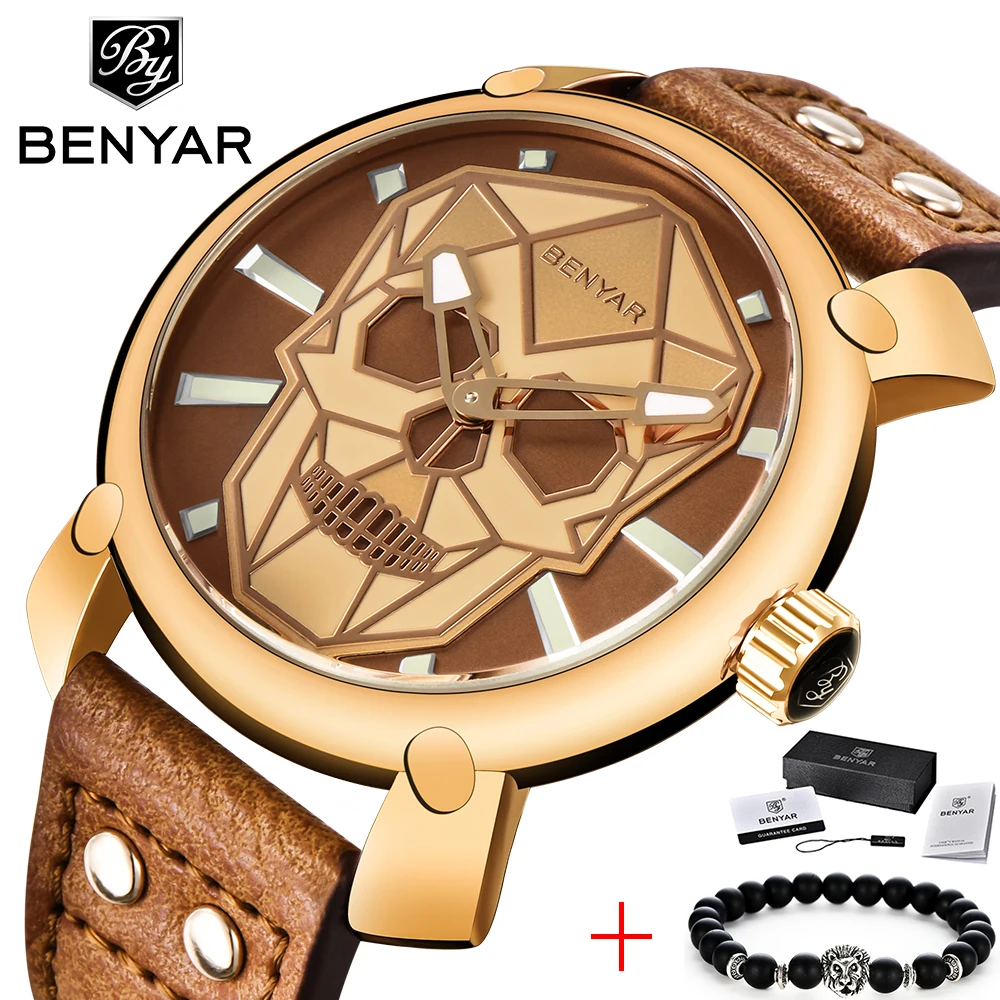 BENYAR Cool Skull мужские часы Топ люксовый бренд креативные Кварцевые Золотые панк