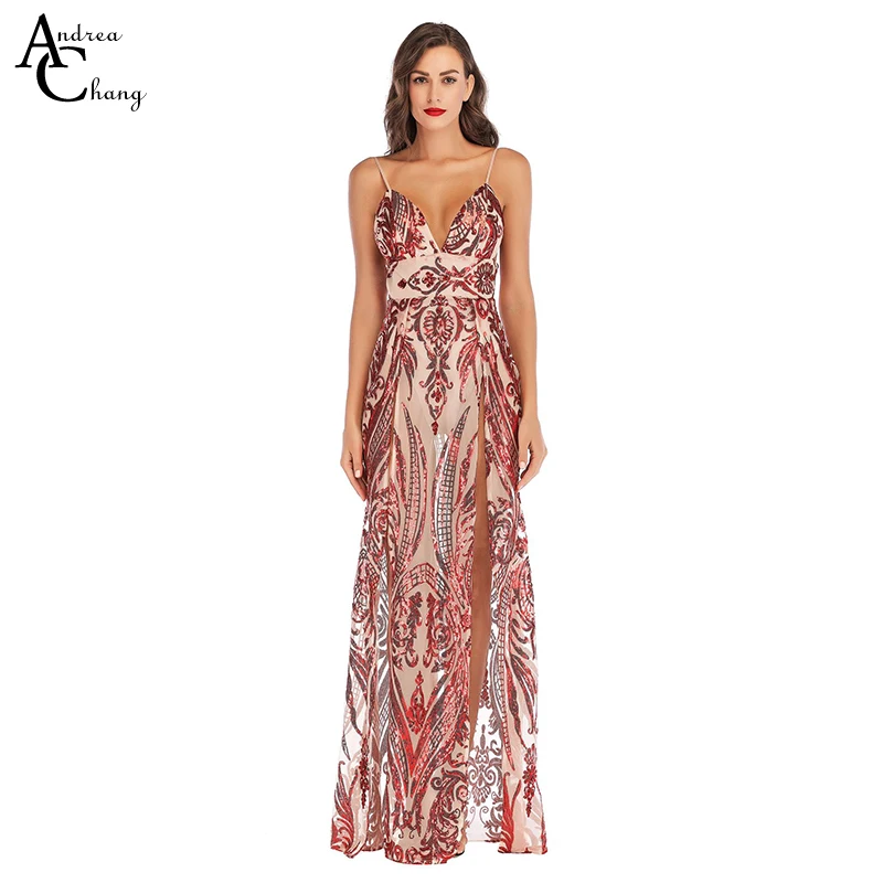 

Spring summer woman dress spaghetti strap front split bottom red vintage pattern beading floor length luxury party event dress