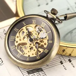 Ретро Fob часы Механические карманные часы цепь часы Рука-ветер-скелет с коробкой для часов медь рождественские подарки
