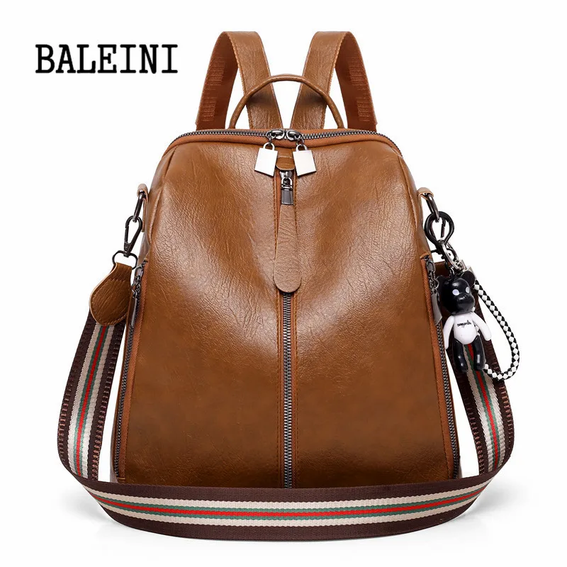 

BALEINI Brown Women Backpack Pu Leather Mochila Shoulder School Bags For Teenage Girls Sac a Dos Large Capacity Travel Backpack