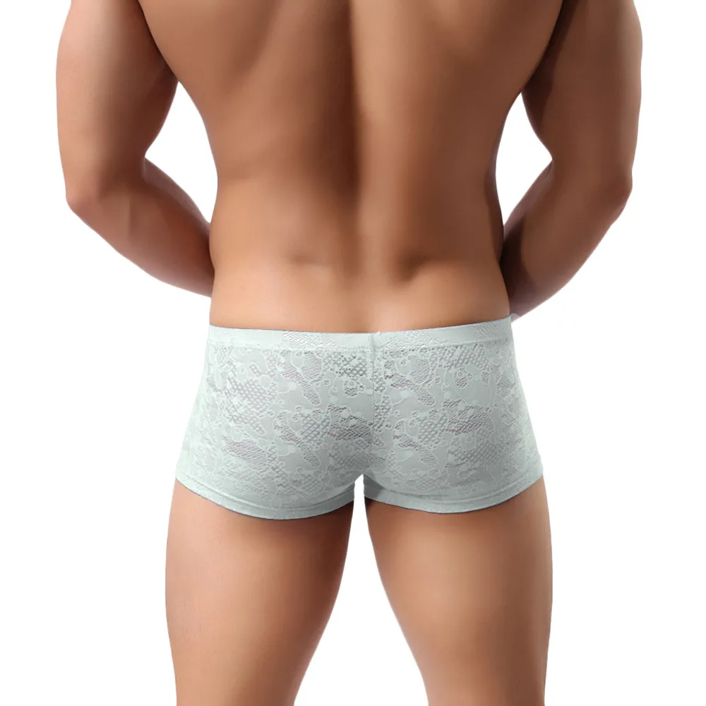 2017 New Fashion Mens Sexy Translucent Boxer Briefs Intimates Soft Lace Floral Ventilate Exotic Boxer Sexy Shorts Underpants -