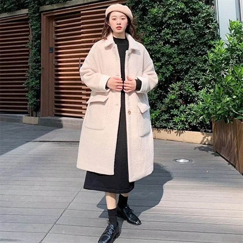 

2019 Women Winter Lamb Furry Coat Autumn Thickened Chic Medium-length Knee Fashion Wide-waisted Overcoat