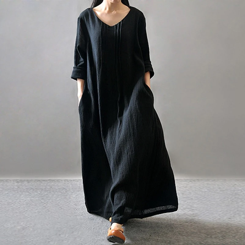 

Anself 2019 Autumn Maxi Dress Women Casual Baggy Dress Retro Boho Cotton Dress Long Sleeve Long Robe Plus Size Black Purple Red