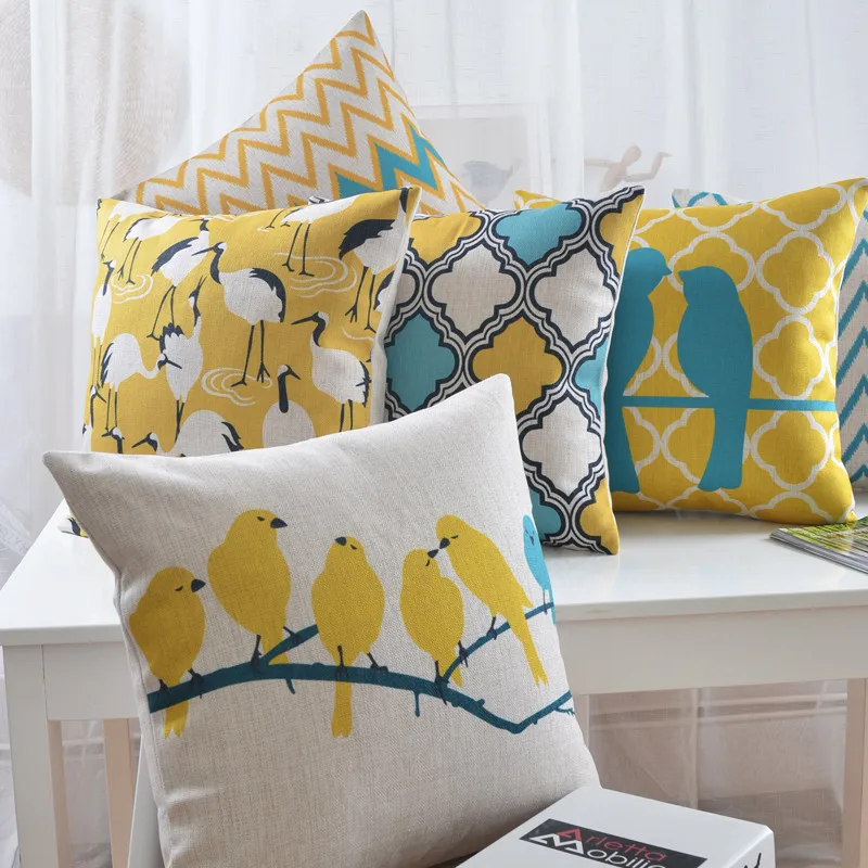 blue and yellow pillows