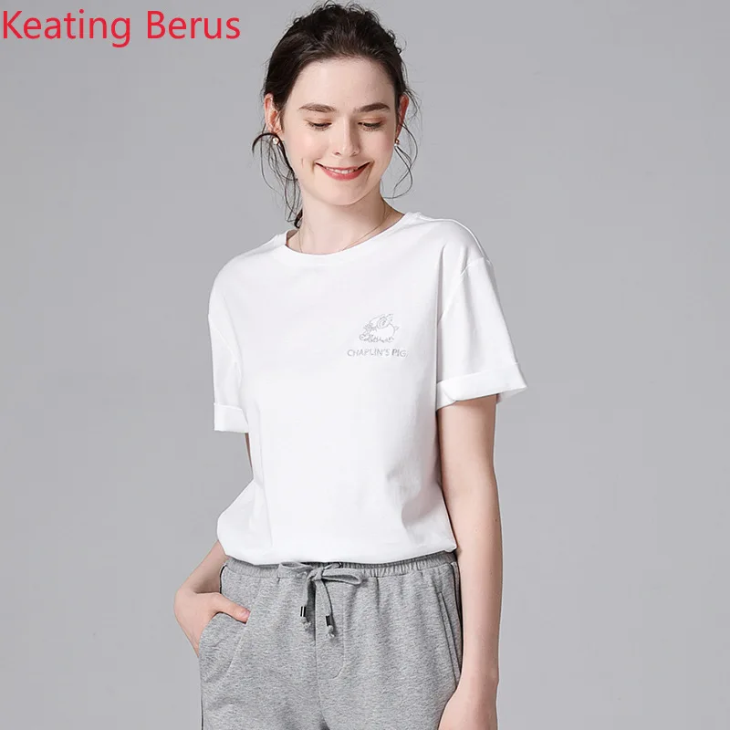 

2019 Women's Summer Cotton T-shirt Loose Plus Size Short-sleeved Round Neck White Embroidery Pattern Women's Tops Harajuku 1169