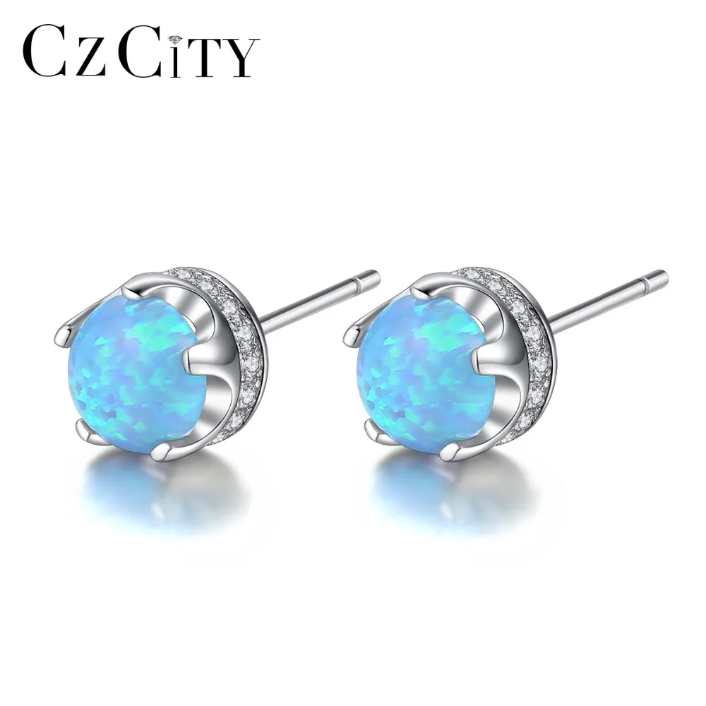 

CZCITY Brand 100% Sterling Silver 925 Fine Blue Green Opal Stud Earrings for Women Brightly Round Petite Girl Party Cute Gift