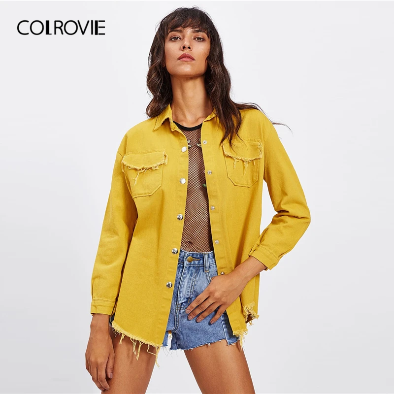 Женская однобортная джинсовая куртка COLROVIE Повседневная Верхняя одежда желтого