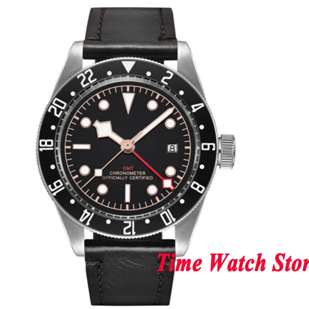 Model 4 41 мм, без логотипа, GMT, водонепроницаемые, кожаные, с черным циферблатом, синий, красный, керамический ободок, светящийся Сапфир, механические, мужские наручные часы - Цвет: Model 4