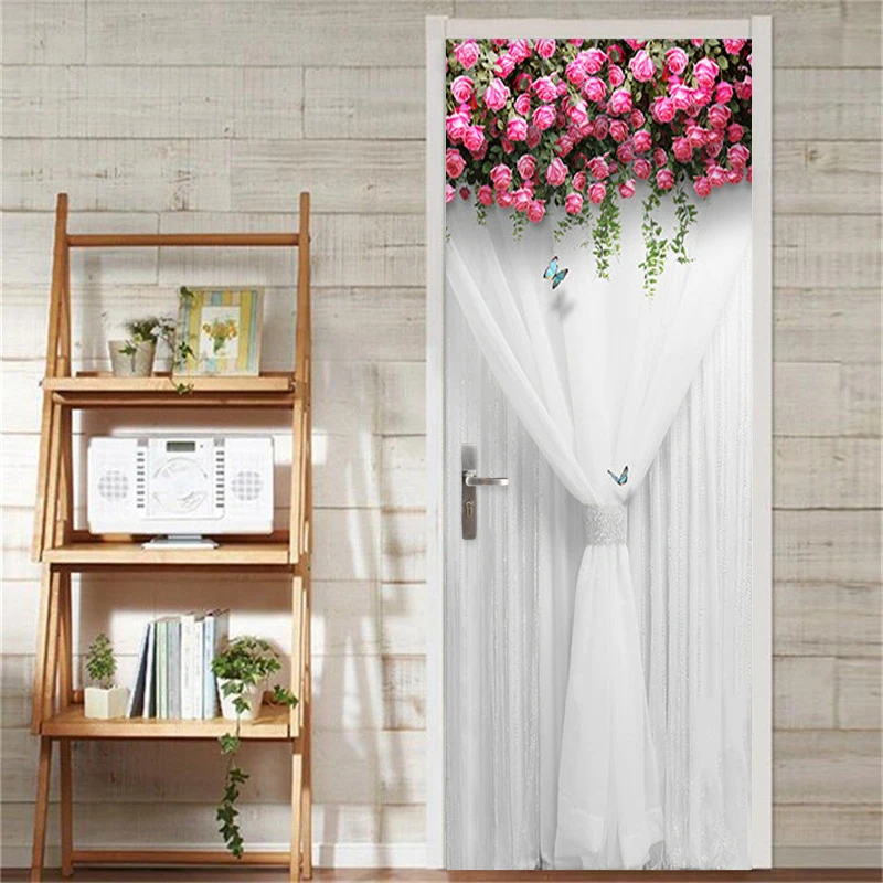 Романтическая роза Занавес Дверь Наклейка 3D Свадебный дом домашний декор двери наклейки ПВХ самоклеющиеся водонепроницаемые обои виниловые 3D паста