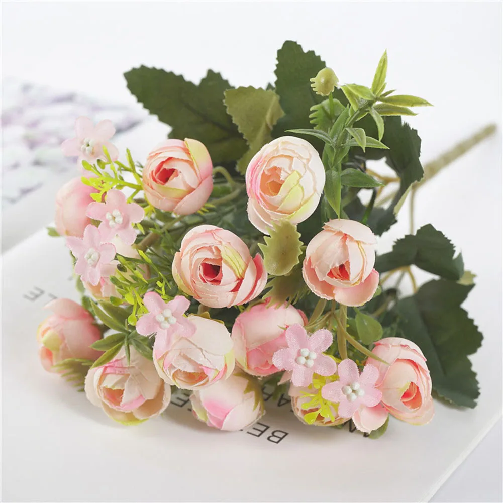 

Artificial Camellia Buds Flower 5 Forks 13 Heads Silk Fake Flower Bouquet for Wedding Decoration Bride Holding Floral Home Decor