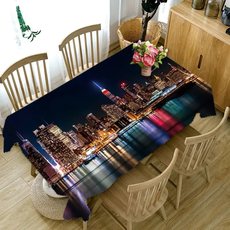 

3d River Scenery Tablecloth City Night Scene Bright Lights Pattern Washable Thicken Rectangular Table Cloth for Wedding