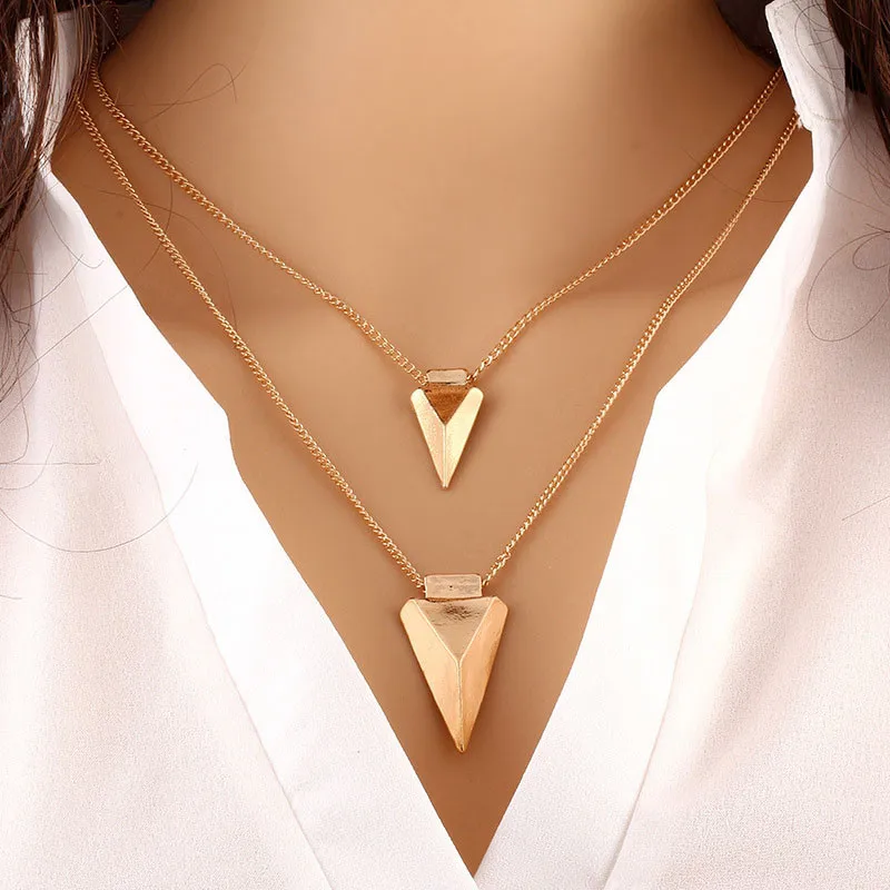 

SexeMara New Triangle 2 Layers Gold Chain Necklace Adjustable Women Choker Necklaces Collier Punk Style Jewelry Accessories