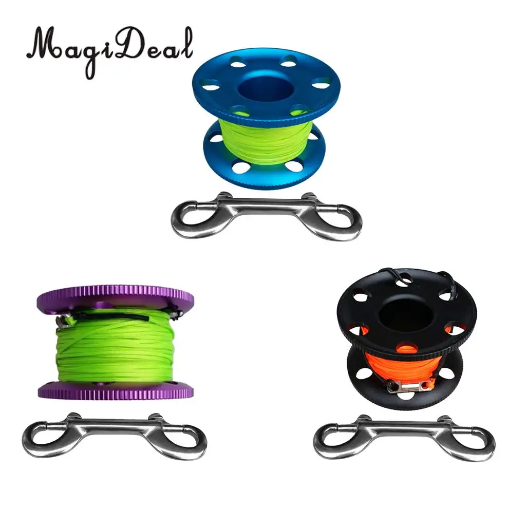 MagiDeal Scuba Diving Aluminium Finger Spool Reel Line Stainless Steel Snap Bolt Clip 20/30/50M Blue Purple Black