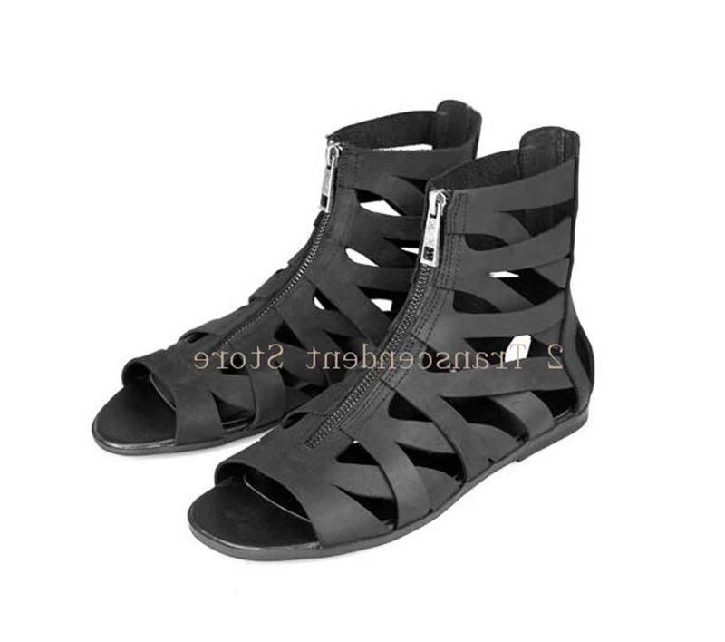 

Solid Open Toe Men Rome Beach Sandals Vantage Narrow Band Flats Casual Summer Men Leather Shoes Front Zipper Gladiator Sandals