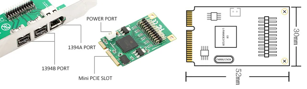HonesThing Mini PCI Express Combo 2x 1394b + 1x 1394a Ports Firewire Mini PCIe Controller Card Support Low Profile Bracket 7