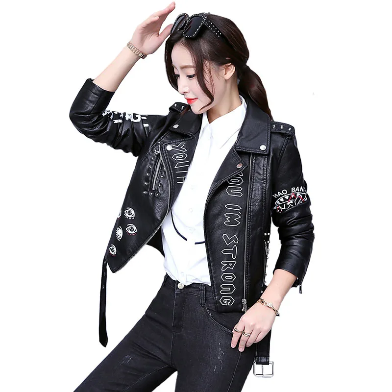 

Spring And Autumn High Street Fashion Brand Women Rivets PU Faux Leather Jacket Punk Rock Graffiti Print Moto & Biker Outerwear