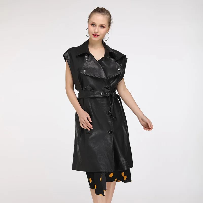 Maylofuer New Long Genuine Leather Jacket Women Real Leather Vest with Belt Fashion Coats