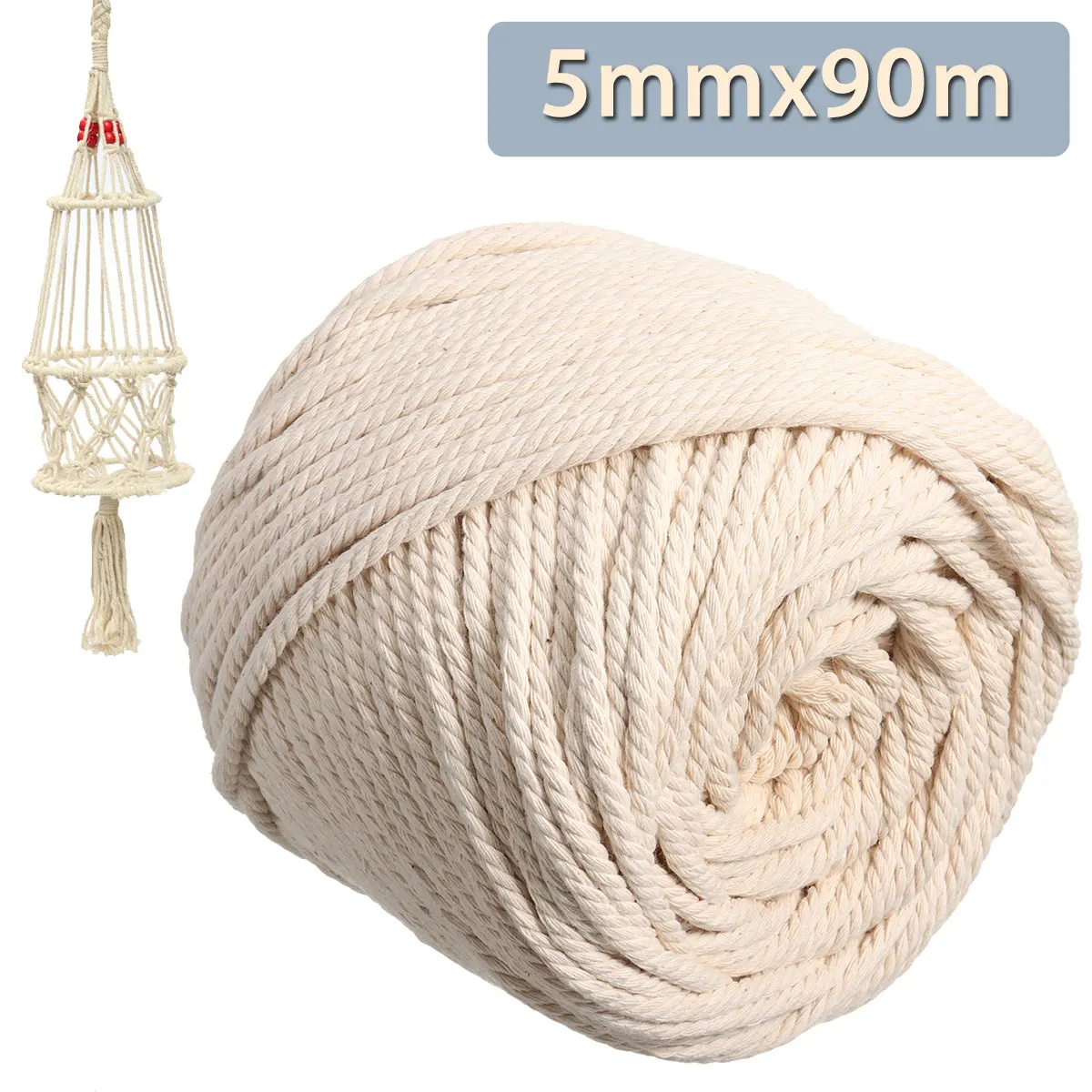 

KiWarm 5mmx90m Natural Beige Soft Cotton Twisted Cord Craft Macrame Rope String DIY Handmade Tying Thread Cord Rope