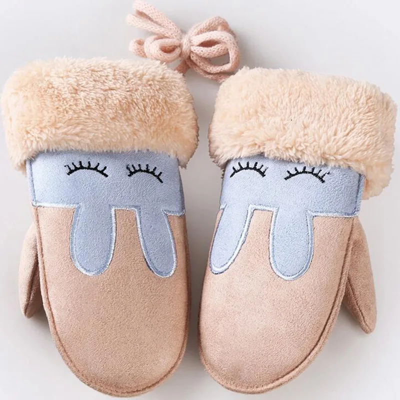 Lovely Cartoon Rabbit Children's Winter Thick Cashmere Cotton Warm Suede Leather Mittens Boy/Girls Faux Sheepskin Gloves 100D