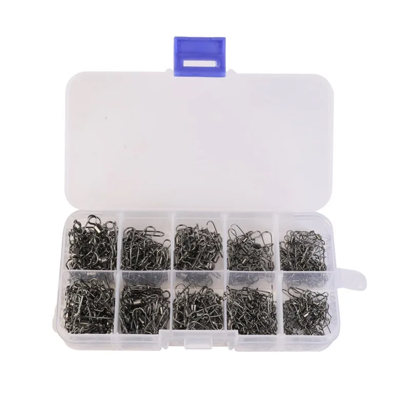 

210pcs/ Set Stainless Steel Fishing Swivel Snap Rolling Swivel Connector Hooked Snaps Pin Ball Bearing Fishhook Lure Tackle Kit