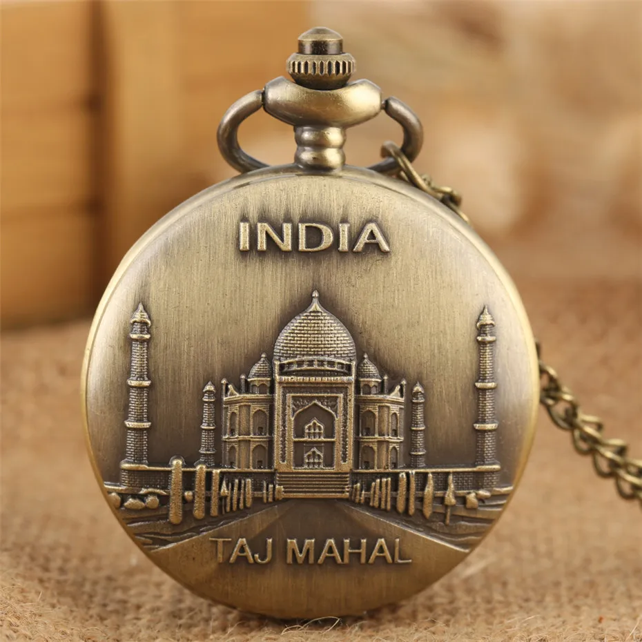 인도 Taj Mahal 디스플레이 청동 절묘한 포켓 시계, 쿼츠 목걸이 펜던트 시계, 풀 헌터, 포브 체인, 기념품 아이템